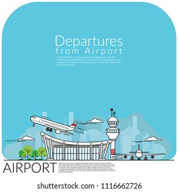 simple vector illustration of airplane take off for departures from airport terminal and airplane parking at airfield. travel concept, flat design EPS10 vector illustration.