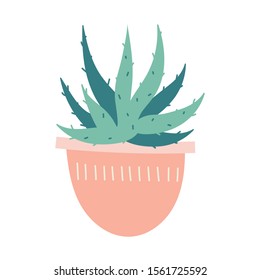 Simple vector  illustration of aloe succulent in pot. Potted green houseplant, interior decoration, isolated clip art