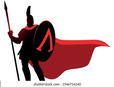 Simple vector illustration of ancient warrior wearing helmet and red cloak