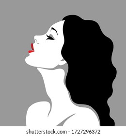 Simple Vector Illustration Of Attractive Sensual Daydreaming Woman With Open Red Lips And Long Black Hair, Profile