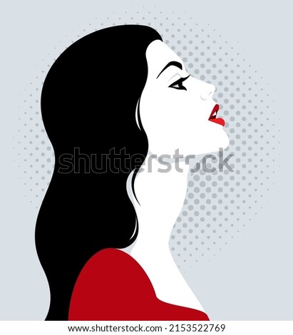 Simple vector illustration of attractive sensual desirous woman with open red lips and long black hair wearing red dress, profile