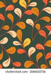 Simple vector illustration with autumn leaves on green background. Different fallen leaves in yellow, brown, ocher and pink colors. Decorative. Fall.