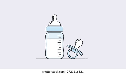 Einfache Vektorgrafik einer mit Milch gefüllten Babyflasche, die neben einem hellblauen Schnuller auf hellviolettem Hintergrund für die Neugeborenenpflege steht.