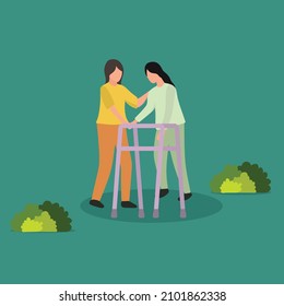 Simple Vector illustration background about a woman walking in medical rehabilitation, physical therapy. Female in recovery doing exercises. Girl therapist helping in rehab healthcare. Modern design