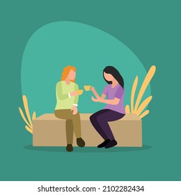 Simple Vector illustration background about two young female workers having a casual chat over drink coffee during office break. Having small talk at work concept. Modern design vector illustration