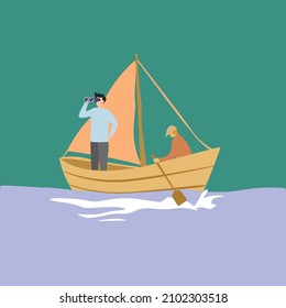 Simple Vector illustration background about young male team member take a boat heading to an island while the leader navigates them using binocular. Teamwork concept. Modern design vector illustration