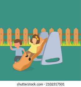 Simple Vector illustration background about preschool kids playing together in kindergarten. Little girl sliding down the slide and smiling boy seeing her on side of slide. Modern design vector