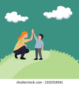 Simple Vector illustration background about young mother giving high five to her son for a successful achievement, parenting vector illustration. Happy family playing together concept. Modern design