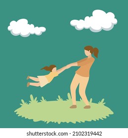 Simple Vector illustration background about Family parenthood concept. Young happy mom raising and turning her daughter around up in the air at home vector graphic illustration. Modern design vector