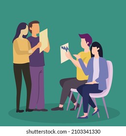 Simple Vector ilustra los antecedentes de los jóvenes empresarios y empresarias aprendizajes de escucha explican la lección de negocios. Concepto de presentación de negocios. Ilustración vectorial de diseño moderna