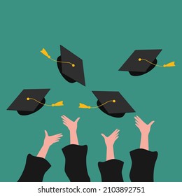 Simple Vector Illustration Background About A Group Of College Students Throwing Their Cap Into The Air To Celebrate Their School Graduation. Undergraduate Education Concept. Modern Design Vector