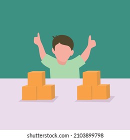 Simple Vector illustration background about a young happy boy playing a stack of puzzle blocks on a table and giving thumbs-up gestures in the kindergarten class. Modern design vector illustration