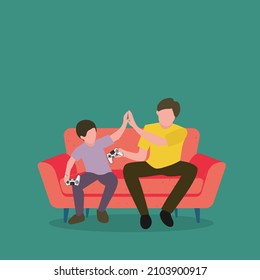 Simple Vector illustration background about young happy father have fun playing the console video game with his son on the couch together. Parenting family concept. Modern design vector illustration
