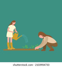 Simple Vector illustration background about young happy daughter help her mom watering the planted plant on ground vector illustration. Happy family parenting concept.Modern design vector illustration