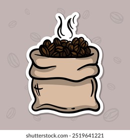 Simple vector illustration of a bag with coffee beans. Hand drawn illustration for sticker, emblem, label, price tag. Colored casual icon for the design of a cafe, restaurant