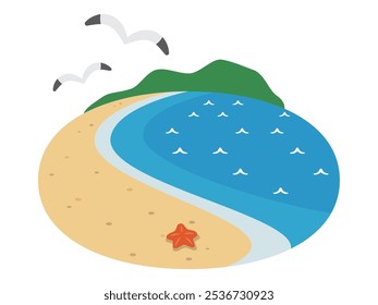 Simples ilustração vetorial de uma praia com gaivotas voando no céu.