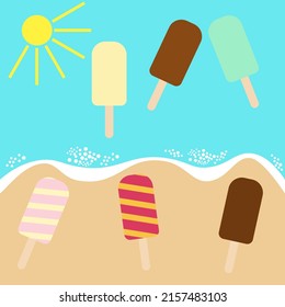 simple vector illustration beach, sun and ice-cream