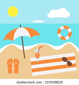 simple vector illustration beach with umbrella and towel