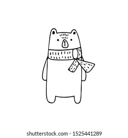 Simple vector illustration of a bear in a scarf. Hand-drawn illustration of a bear in the Scandinavian style.