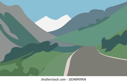 Simple ilustración vectorial de un hermoso paisaje montañoso con un camino asfaltado que pasa por las montañas.