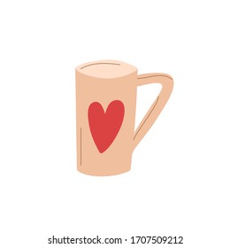 Simple vector illustration of beige cup with red heart. Cup For coffee, tea and other drinks.