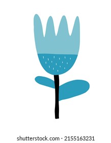 Simple Vector Illustration with Big Blue Tulip Isolated on a White Background. Cute Abstract Floral Infantile Style Print ideal for Card, Greetings, Invitation, Kids Room Decoration. Funny Flower.