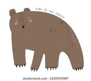 Simple Vector Illustration Of Big Brown Bear. Funny Hand Drawn Print with Cartoon of Grizzly Bear on a White Background. Woodland Animal. Infantile Drawing-like King Of The Forest. RGB Colors.