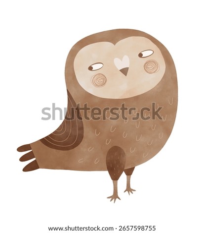Simple Vector Illustration Of Big Brown Owl. Funny Hand Drawn Print with Cartoon of Baby Owl on a White Background. Woodland Animal. Infantile Drawing-like Symbol Of Wisdom. Kids' Room Decoration. RGB