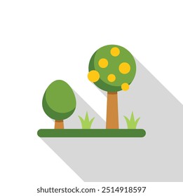 Simple vector illustration of a big fruit tree growing next to a small tree casting a long shadow, in flat design style