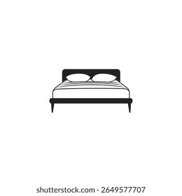 Ilustração vetorial simples de um ícone de cama preta. A cama tem dois travesseiros, um cobertor listrado e quatro pernas. Isolado no fundo branco e fácil de usar.