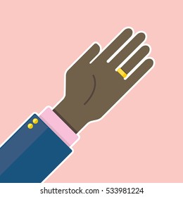 A simple vector illustration of a black business man's hand waving a greeting. This man is wearing a gold wedding ring on his left hand.