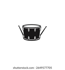 Simple vector illustration of a black drum with drumsticks isolated on a white background. It's perfect for logos, icons, or graphic design elements.