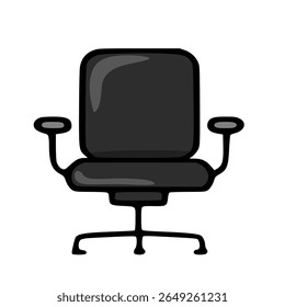 Simple vector illustration of a black office chair, front view, with rounded edges and armrests, suitable for presentations or web design.