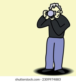 Simple vector illustration with black outlines. A photographer with a camera held to his eye. Focusing, hobby, photography, documenting, paparazzi. Photographer on a monochrome background.