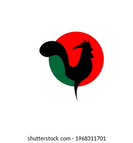 simple vector illustration of a black rooster rooster on a green and red background, great for logos and icons of chicken farms, chicken shops, chicken restaurants