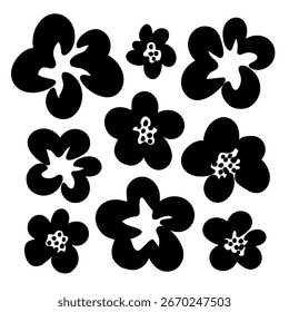 Simple vector illustration. Black silhouette of flowers, different shapes. Floral set. Nature, plant.  For creating patterns, product decor.