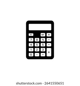 Simple vector illustration of a black and white calculator. Features a display area and clearly marked buttons for numbers, mathematical operations such as addition and subtraction.