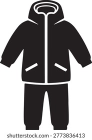 Simple vector illustration of a black winter outfit for children featuring a jacket with hood and pockets paired with matching pants.