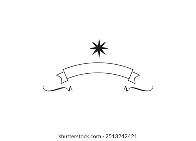 Simple vector illustration of a blank banner with a star above and swirl ornaments below, in black on white.