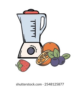 A simple vector illustration of a blender and fruits for a smoothie. Hand drawn image of kitchen utensils, cafe, restaurant, cooking. Set of elements and icons for design and decoration