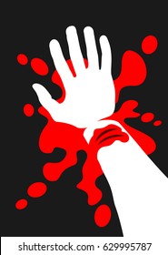 Simple vector illustration - Bloodstained cutted arm / hand. Red blood around it. Cutting the wrist as attempt to commit suicide. 