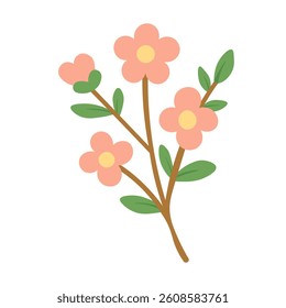 Simple vector illustration of blooming sakura twig with pink flowers and green leaves.