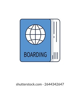 Simple vector illustration of a blue boarding pass or ticket with a globe symbol, representing air travel, flight check-in, and international journeys. Ideal for travel and flight-related designs.
