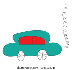Simple ilustración vectorial de un coche azul con ventanas rojas sobre fondo blanco 
