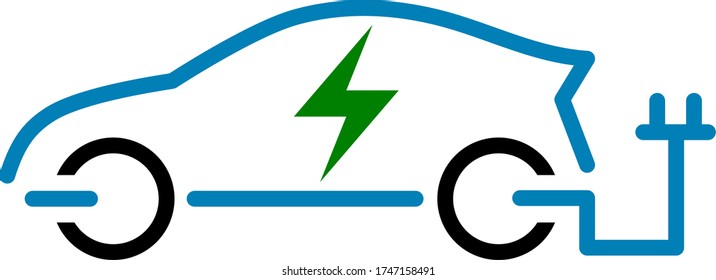 Simple vector illustration of a blue ecological electric car with electrical plug and power buttons as wheel