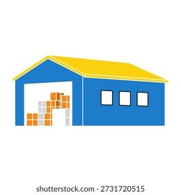 A simple vector illustration of a blue garage with a yellow roof and wooden pallets stored inside, suitable for various design purposes.
