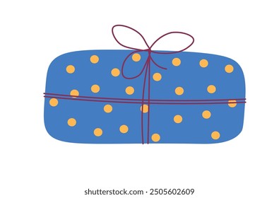 Simple vector illustration of a blue gift box with yellow polka dots, isolated on white background. Perfect for birthday designs, holiday wrapping, and festive occasions.