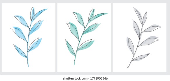 Simple Vector Illustration of a Blue and Gray Twigs. Watercolor Style Delicate Leaves with Black Line Art Sprig on a White Background. Cute Pastel Color Floral Wall Arts. Infantile Style Botanic Art.