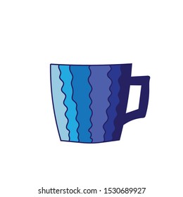 Simple vector illustration, blue mug, cup with stripes. For the decor of clothes, stickers, print, menu, dishes.