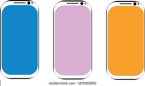 Simple vector illustration of a blue, pink, orange color touchscreen mobile phone. Three smarthphone vector. 